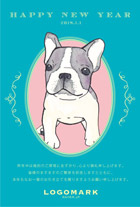 年賀状 フレームと可愛い犬のイラスト美容室ネイルサロンの年賀状 青
