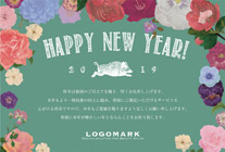 2019年賀状いのしし年 おしゃれなお花と亥のイラストデザインの年賀状 グリーン