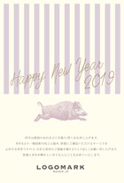 2019年賀状 美容室ネイルサロン向けおしゃれなストライプと亥のイラストデザイン年賀状 紫 筆記体