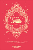 2019年賀状亥年 美容室ネイルサロン向けおしゃれなアンテークフレームの年賀状デザイン 赤