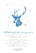 美容室・ネイル・マツエクサロン お洒落でかわいい鹿と雪のなクリスマスカード&年末挨拶状 白青