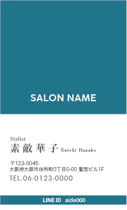 上部を大きく占めるカラーブロックと、下部の白地のコントラストが印象的でおしゃれなミニマルデザインの美容サロン名刺デザインMEI-004D2