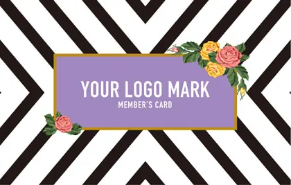 コンサバ風パターン、白黒の線デザインと可愛い色のタグフレームのお花が可愛いアクセント！大人カッコいい&かわいいおしゃれなデザインの2折スタンプカード019D